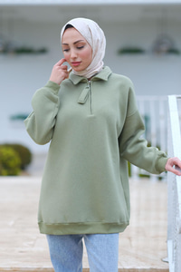 Yarım Fermuar Detay Sweat Yeşil