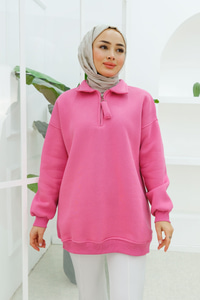 Yarım Fermuar Detay Sweatshirt Pembe