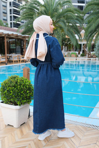 Yarım Fermuarlı Bel Bağlamalı Kot Elbise Koyu Mavi