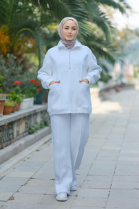 Yarım Fermuarlı İkili Takım Beyaz