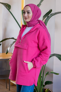 Uygun Fiyatlı YARIM FERMUARLI KAPSONLU SWEAT FUSYA | Loccomoda.com 