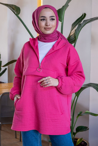Uygun Fiyatlı YARIM FERMUARLI KAPSONLU SWEAT FUSYA | Loccomoda.com 