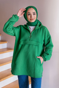 Uygun Fiyatlı YARIM FERMUARLI KAPSONLU SWEAT YESIL | Loccomoda.com 