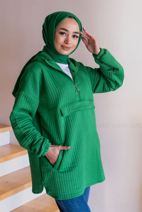 Uygun Fiyatlı YARIM FERMUARLI KAPSONLU SWEAT YESIL | Loccomoda.com 