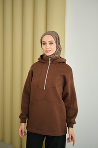 Yarım Fermuarlı Kapüşonlu Sweat Kahverengi