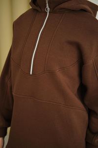 Yarım Fermuarlı Kapüşonlu Sweat Kahverengi