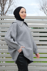 Yarım Fermuarlı Polo Yaka Triko Tunik Gri