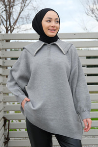 Yarım Fermuarlı Polo Yaka Triko Tunik Gri