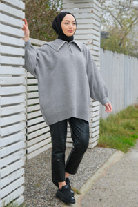 Yarım Fermuarlı Polo Yaka Triko Tunik Gri