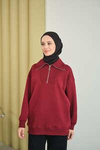 Yarım Fermuarlı Sweat Bordo
