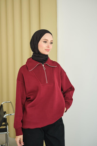 Yarım Fermuarlı Sweat Bordo
