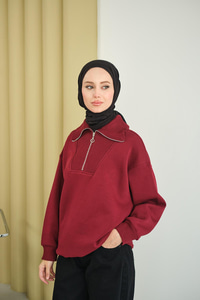 Yarım Fermuarlı Sweat Bordo