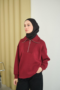 Yarım Fermuarlı Sweat Bordo