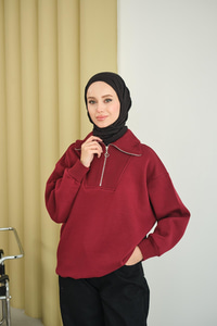 Yarım Fermuarlı Sweat Bordo