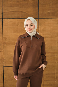 Yarım Fermuarlı Sweat Kahverengi