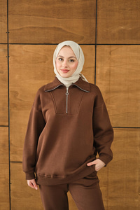 Yarım Fermuarlı Sweat Kahverengi