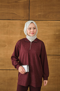 Yarım Fermuarlı Taşlı Takım Bordo