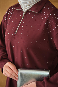 Yarım Fermuarlı Taşlı Takım Bordo