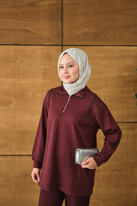 Yarım Fermuarlı Taşlı Takım Bordo