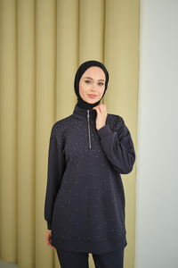 Yarım Fermuarlı Taşlı Takım Füme