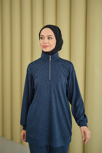 Yarım Fermuarlı Taşlı Takım Lacivert