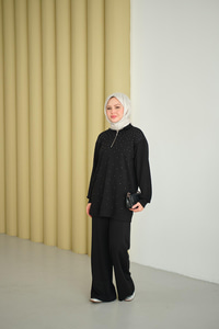 Yarım Fermuarlı Taşlı Takım Siyah