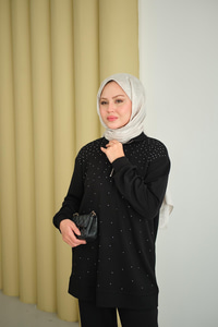 Yarım Fermuarlı Taşlı Takım Siyah