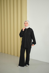 Yarım Fermuarlı Taşlı Takım Siyah