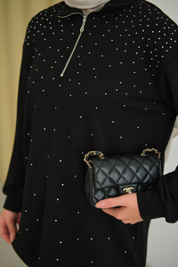 Yarım Fermuarlı Taşlı Takım Siyah