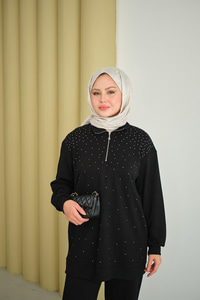 Yarım Fermuarlı Taşlı Takım Siyah