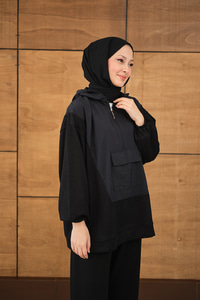 Yarım Fermuarlı Tek Cepli Pantolonlu Takım Siyah