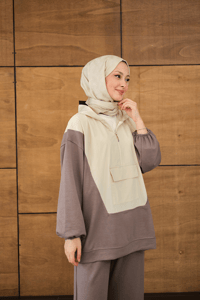 Yarım Fermuarlı Tek Cepli Pantolonlu Takım Krem