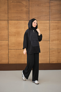 Yarım Fermuarlı Tek Cepli Pantolonlu Takım Siyah