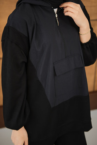 Yarım Fermuarlı Tek Cepli Pantolonlu Takım Siyah