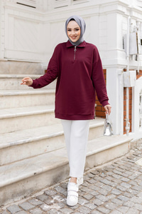 Yarım Fermuarlı Tunik Bordo