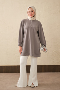 Yarım Fermuarlı Yırtmaçlı Bisiklet Yaka Uzun Tunik Gri