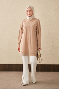 Yarım Fermuarlı Yırtmaçlı Bisiklet Yaka Uzun Tunik Vizon