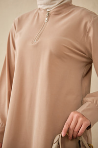 Yarım Fermuarlı Yırtmaçlı Bisiklet Yaka Uzun Tunik Vizon