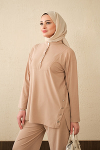 Yarım Kapama Düğme Detaylı Takım Vizon