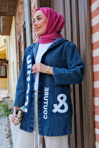 Yazı Baskılı Kapşonlu Ceket MAVI