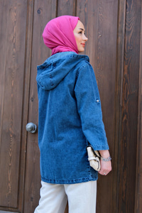 Yazı Baskılı Kapşonlu Ceket MAVI