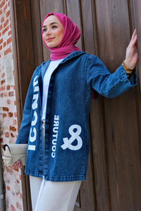 Yazı Baskılı Kapşonlu Ceket MAVI