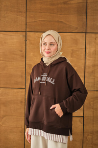 Yazı Baskılı Kapüşonlu Sweat Kahverengi