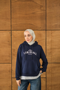 Yazı Baskılı Kapüşonlu Sweat Lacivert