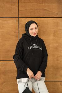 Yazı Baskılı Kapüşonlu Sweat Siyah