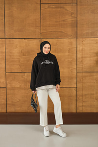 Yazı Baskılı Kapüşonlu Sweat Siyah