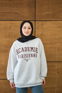 Yazı Baskılı Nakış İşlemeli Oversize Sweat Gri