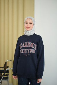 Yazı Baskılı Nakış İşlemeli Oversize Sweat Lacivert