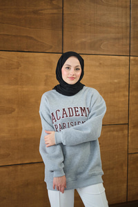 Yazı Baskılı Nakış İşlemeli Oversize Sweat Koyu Gri