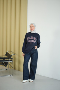 Yazı Baskılı Nakış İşlemeli Oversize Sweat Lacivert